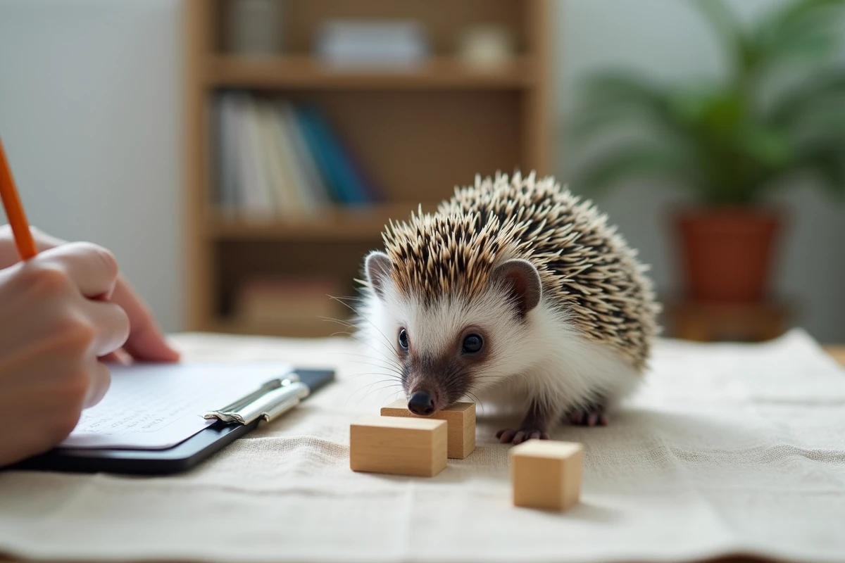 Hérisson résolvant un puzzle en bois sous observation scientifique, mettant en valeur les capacités d'apprentissage et la cognition des hérissons