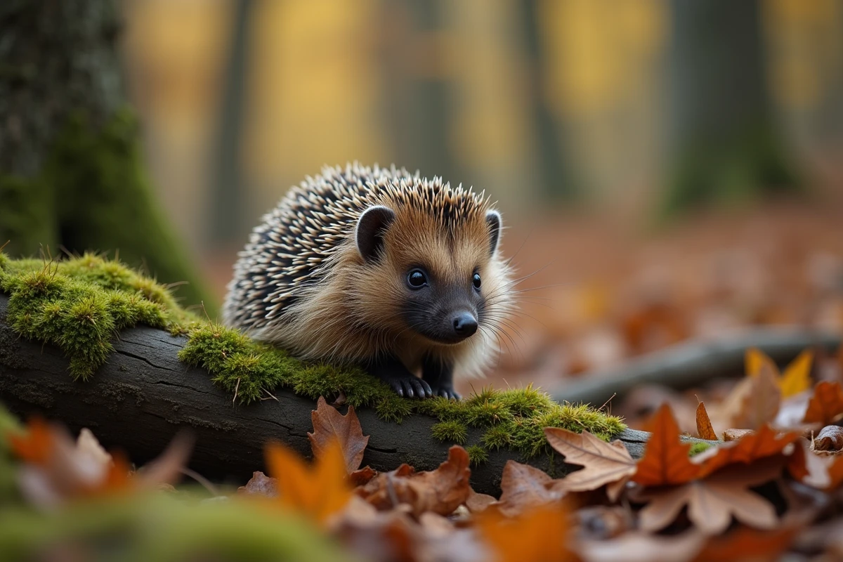 Hérisson sauvage observant son environnement en forêt automnale, démontrant ses instincts naturels et son intelligence animale