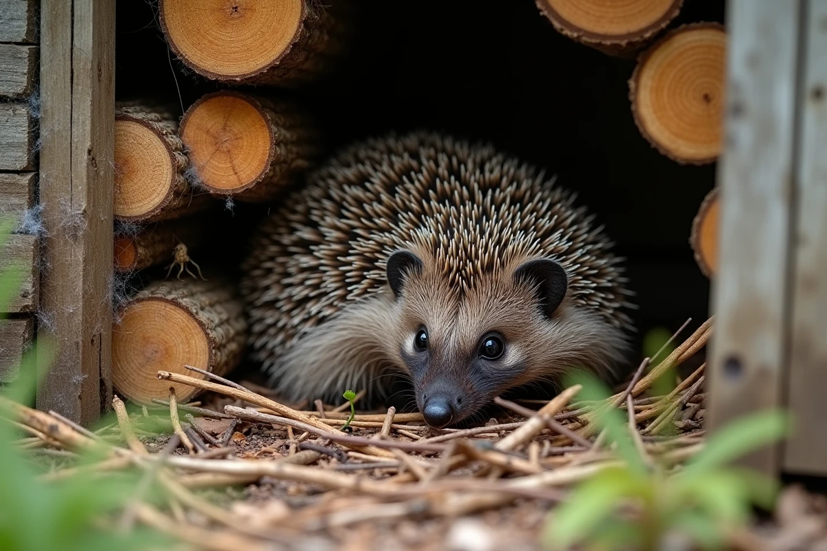 Hérisson installé près d'un tas de bûches et d'un abri naturel dans un jardin, habitat idéal pour attirer les hérissons