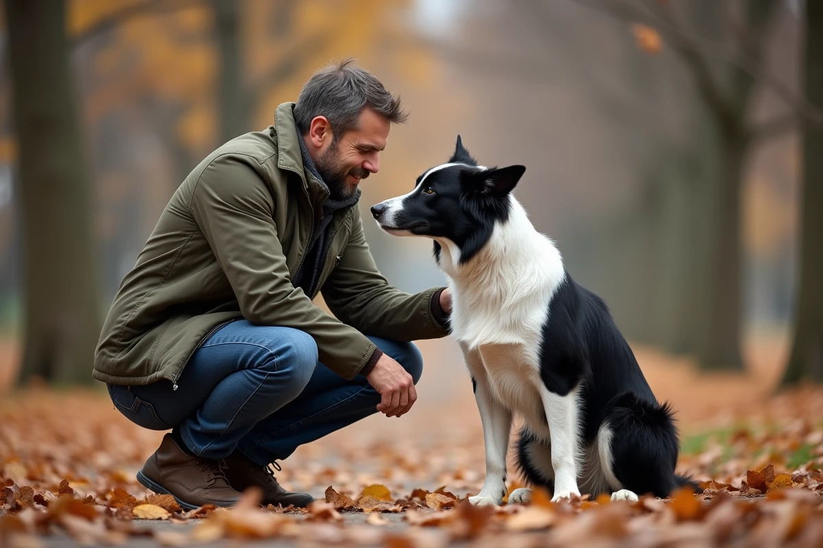 Homme et son border collie dans un parc en automne, le chien exprimant sa confiance lors d'une caresse derrière les oreilles