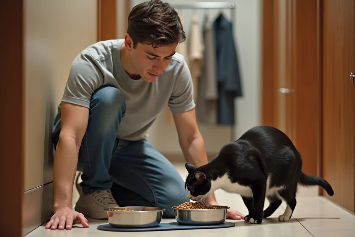 Homme agenouillé près d'une station d'alimentation pour chat avec croquettes et eau, chat noir et blanc en train de renifler la gamelle