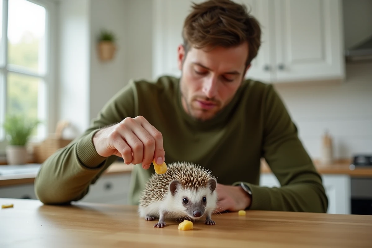 Homme nourrissant un hérisson domestique sur une table en bois dans une cuisine