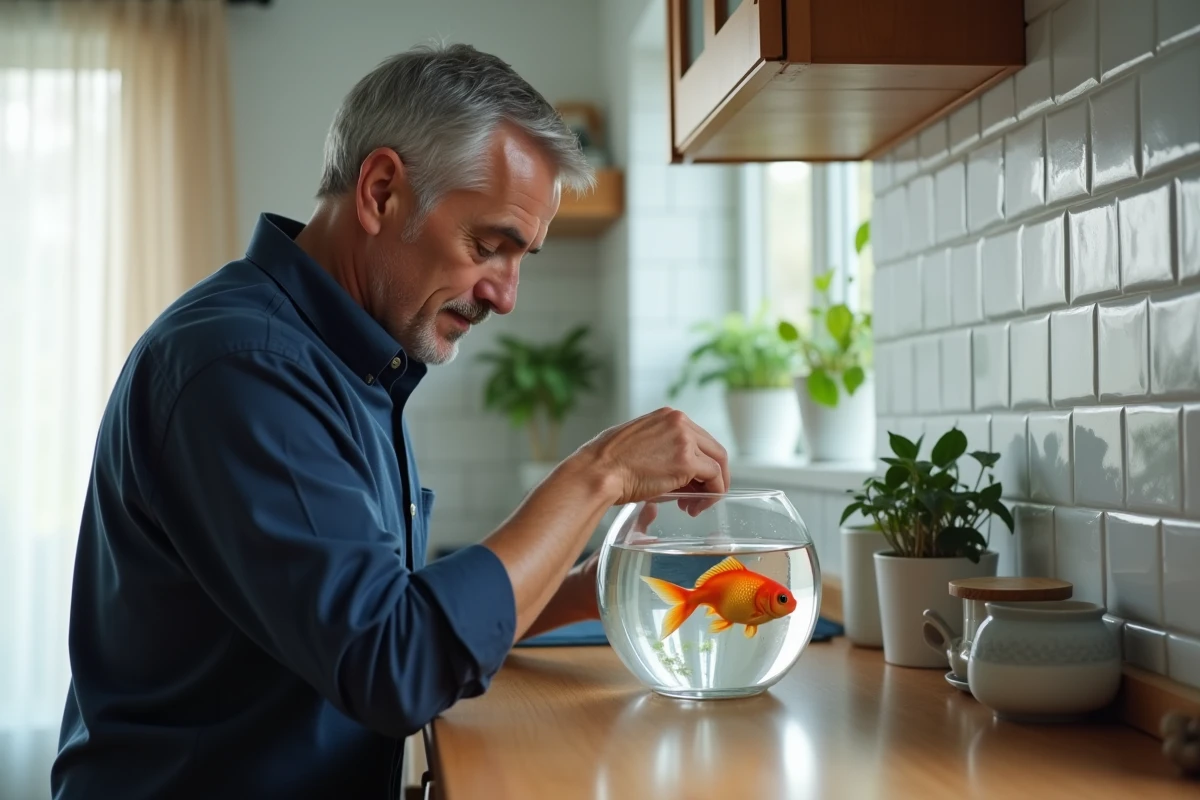 Homme nourrissant son poisson rouge dans un bocal en verre sur le comptoir de sa cuisine
