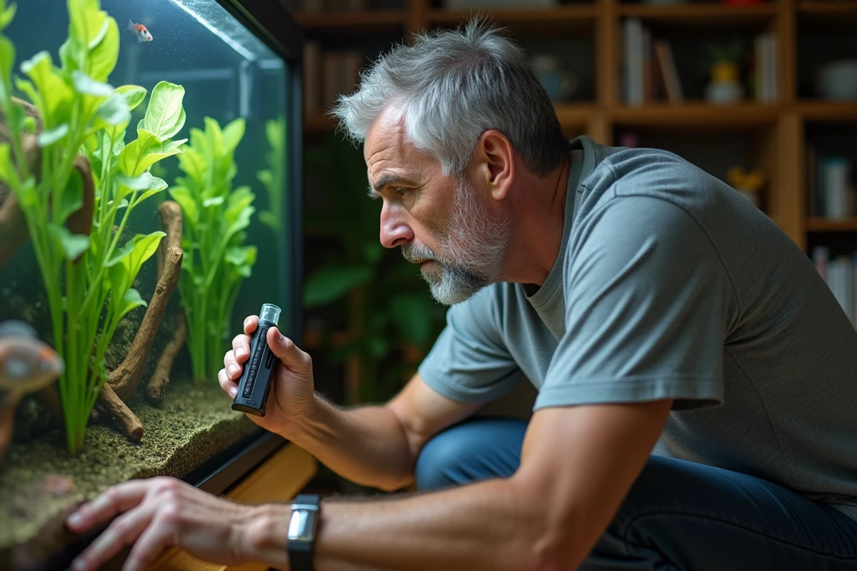 Homme observant des poissons d'aquarium présentant des signes de manque d'oxygène