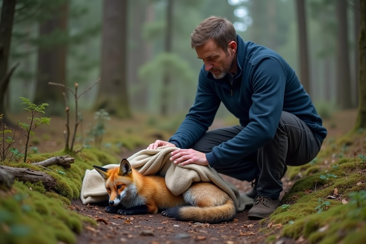 Un homme agenouillé en forêt enveloppant délicatement un renard blessé dans une couverture, démontrant comment secourir un animal sauvage en milieu naturel