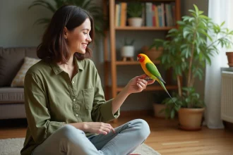 Femme tenant un inséparable heureux sur son doigt dans un salon chaleureux
