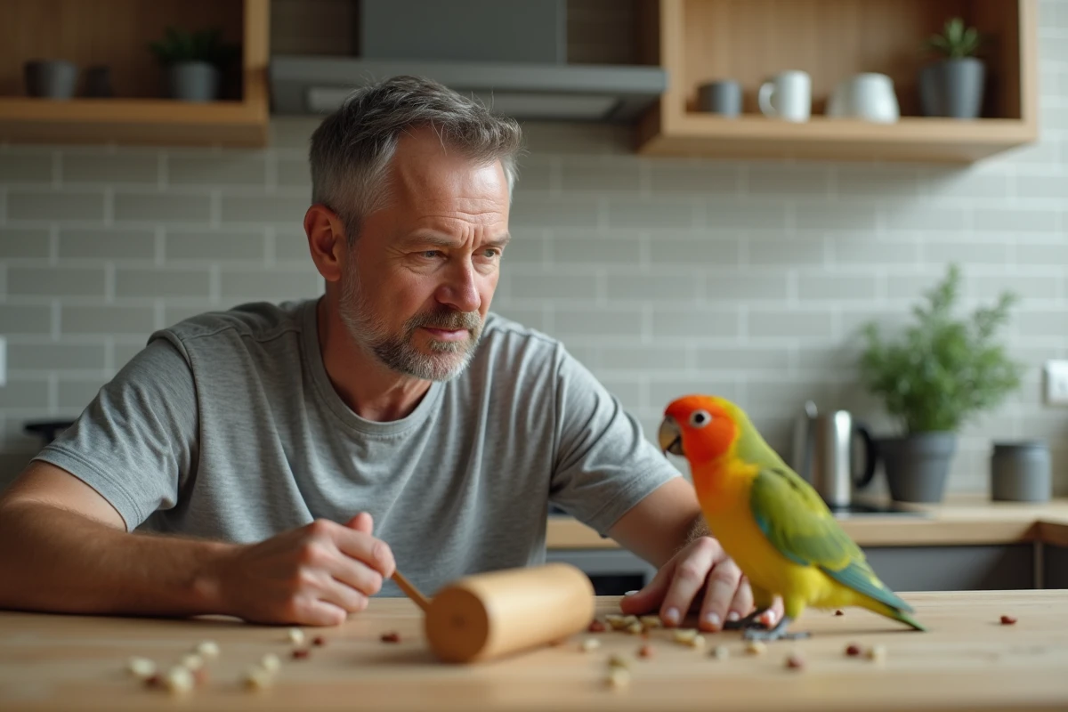Homme observant son inséparable jouer sur une table de cuisine avec des jouets en bois