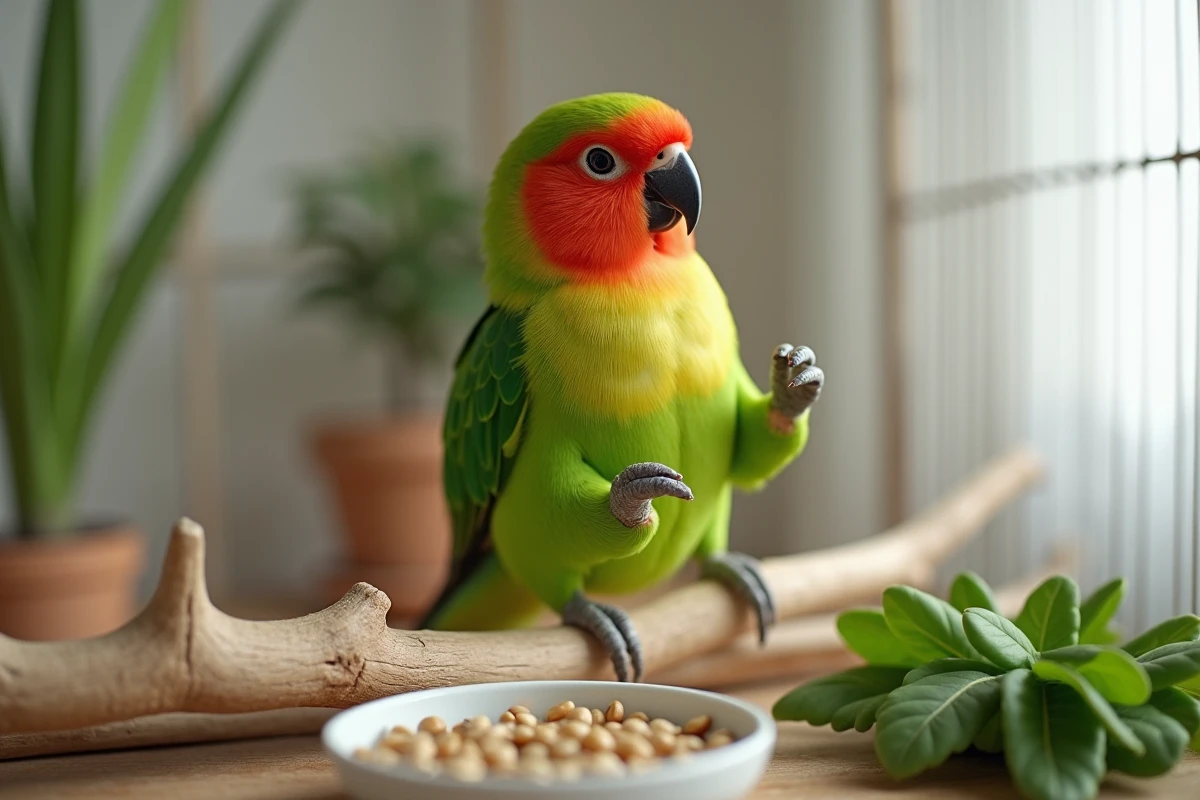 Inséparable en train de se lisser les plumes dans une cage propre et bien aménagée