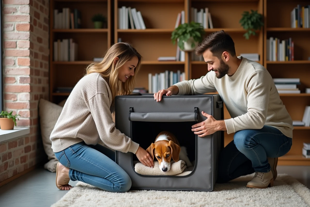 Couple installant une cage pour chien dans un salon de style loft avec un beagle curieux qui l'explore