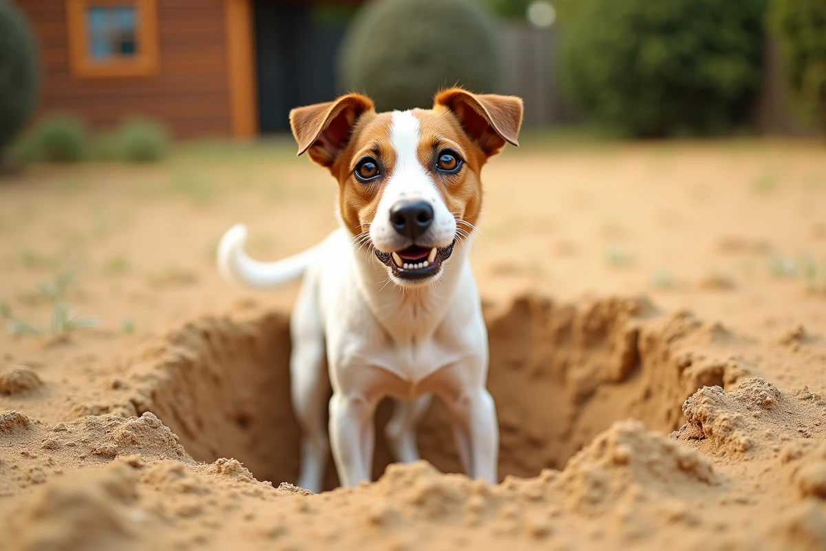 Jack Russell Terrier debout dans un trou qu'il a creusé dans un sol sablonneux en plein air