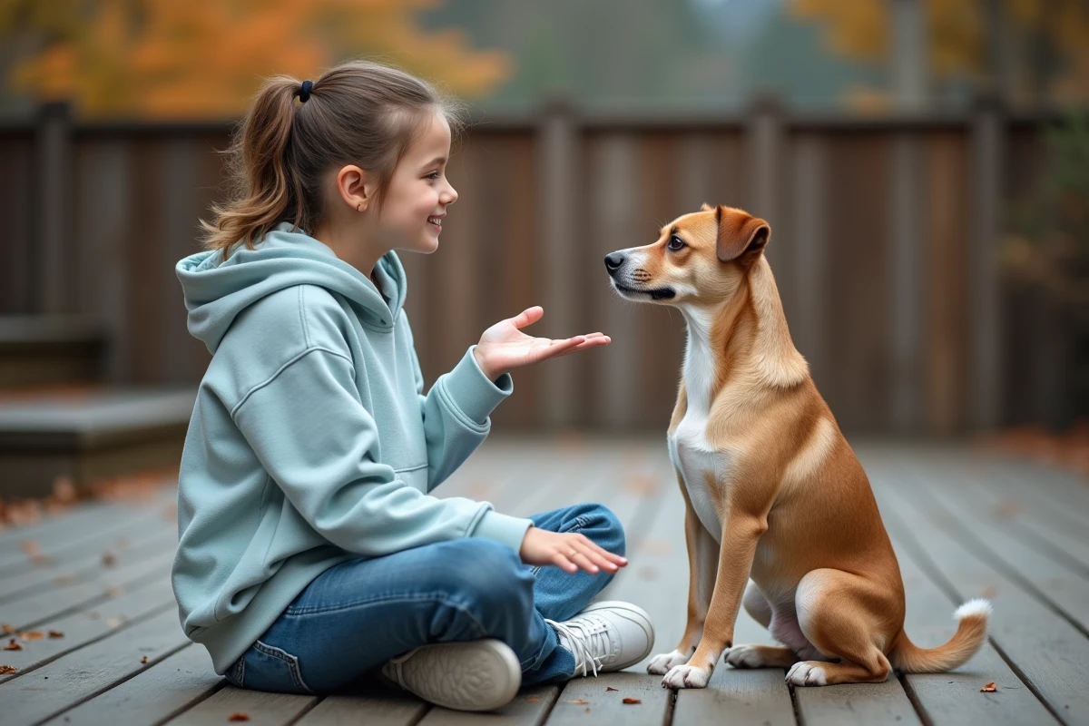 Jeune fille communiquant avec un petit chien croisé sur une terrasse en bois en automne