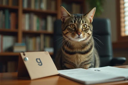 Chat tabby assis près d'un livret d'identification et d'une bague lettrine pour l'année 2026
