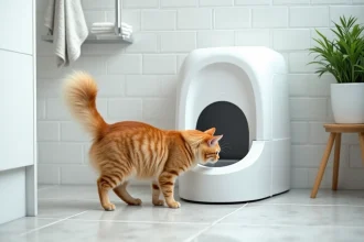 Chat roux qui explore une litière autonettoyante blanche dans une salle de bain moderne et propre