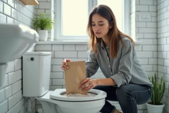 Femme tenant un sac de litière pour chat près des toilettes, illustrant la question de jeter la litière dans les WC