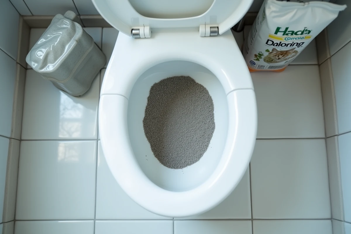 Vue de dessus de toilettes blanches avec des granulés de litière pour chat éparpillés, illustration des risques de jeter la litière dans les WC