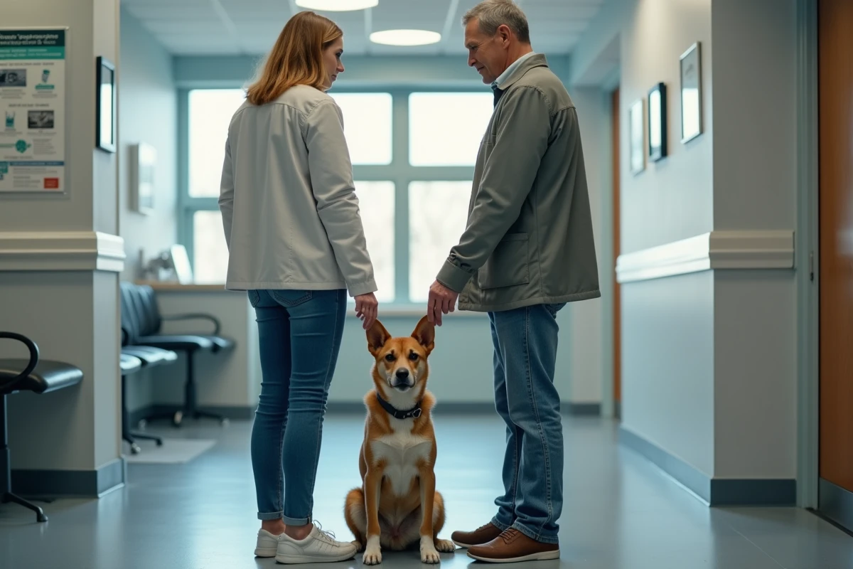 Deux adultes revendiquant la propriété d'un même chien dans une salle d'attente vétérinaire, illustrant un litige de propriété animale