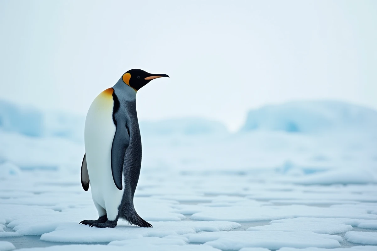 Manchot empereur sur la banquise antarctique, oiseau capable de jeûner plusieurs semaines pendant la couvaison