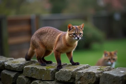 Une martre des pins sur un muret en pierre dans un jardin rural, avec un chat domestique visible en arrière-plan