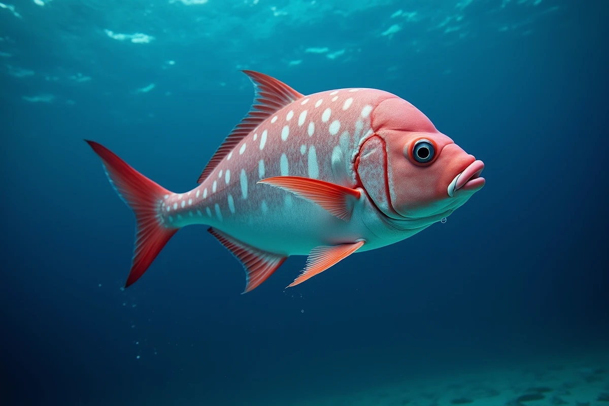 Poisson opah photographié sous l'eau en pleine mer, montrant sa silhouette ronde caractéristique, ses nageoires rouges et ses reflets métalliques argentés