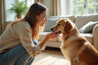 Femme communiquant avec son golden retriever en se mettant à sa hauteur dans un salon chaleureux
