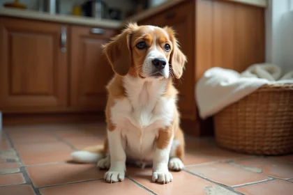 Petit chien roux et blanc assis dans une cuisine de maison française prête à l'accueillir