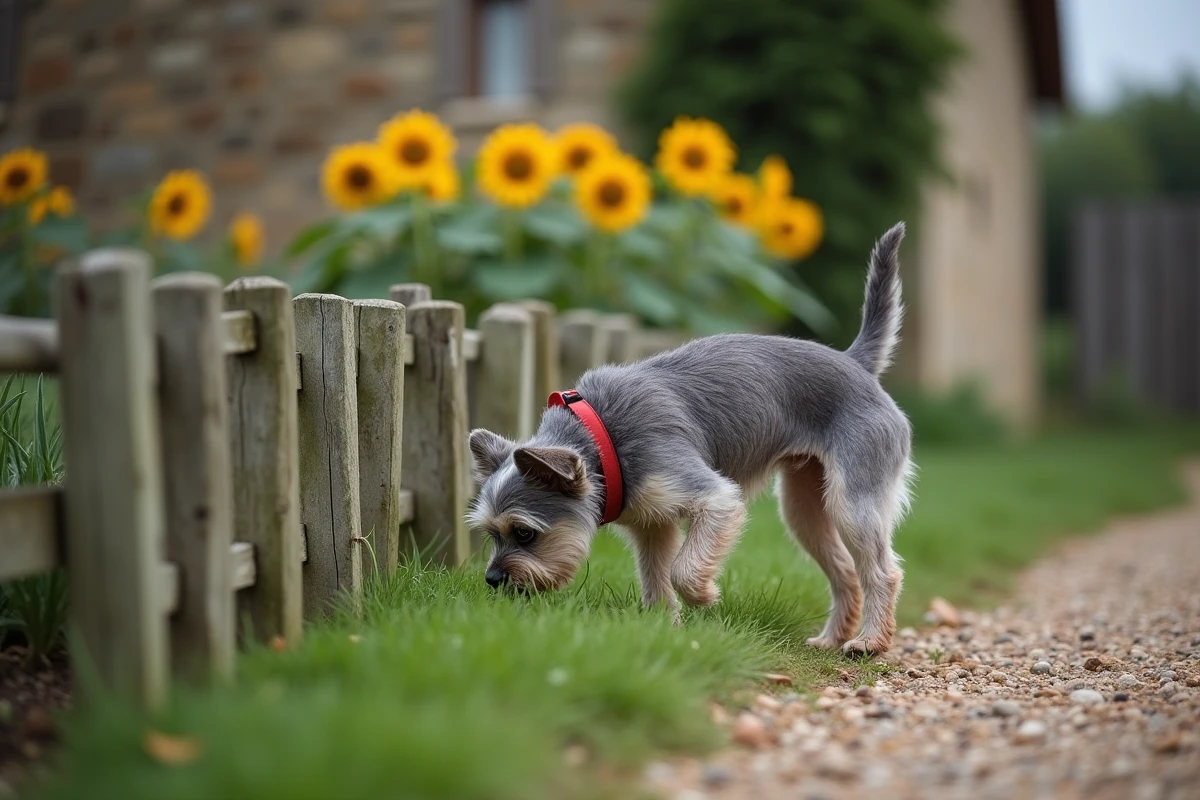 Petit chien terrier explorant un jardin clôturé dans la campagne du Sud-Ouest de la France