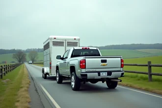 Pickup truck moderne tractant une remorque à chevaux sur une route de campagne