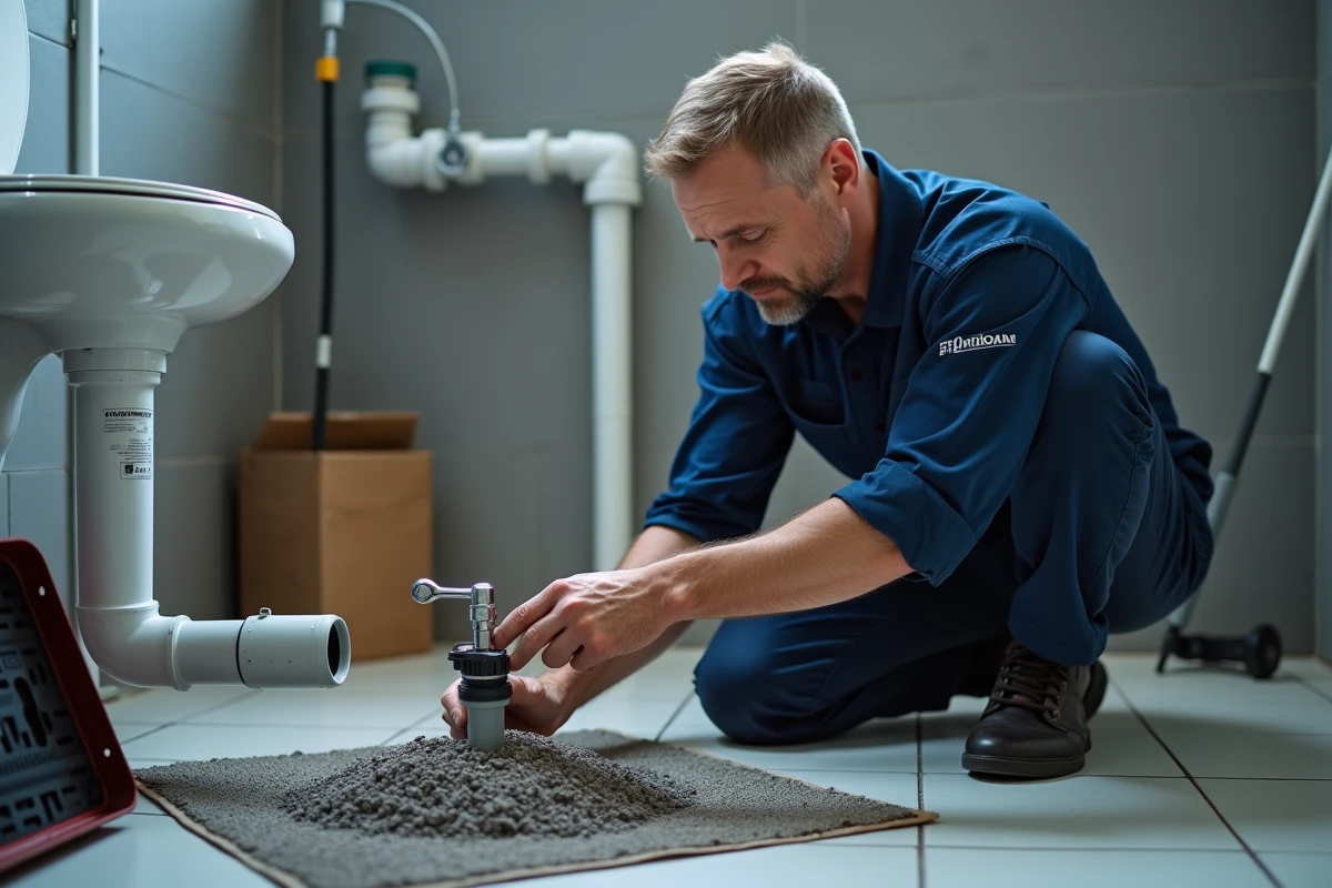 Plombier inspectant une canalisation bouchée par de la litière pour chat, illustrant les conséquences d'avoir mis de la litière dans les toilettes