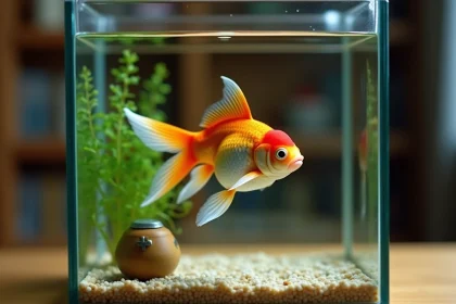 Poisson rouge mort flottant à la surface d'un aquarium domestique avec plantes aquatiques et graviers au fond