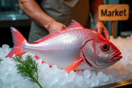 Poisson opah entier exposé sur de la glace pilée dans un marché aux poissons, montrant ses reflets argentés et roses et ses nageoires rouge vif