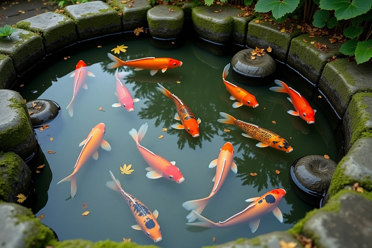 Poissons de bassin de jardin en surface manquant d'oxygène par temps nuageux