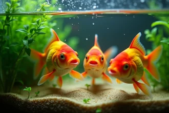Poissons rouges en manque d'oxygène remontant à la surface d'un aquarium d'eau douce