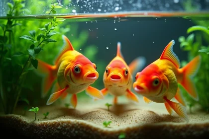 Poissons rouges en manque d'oxygène remontant à la surface d'un aquarium d'eau douce
