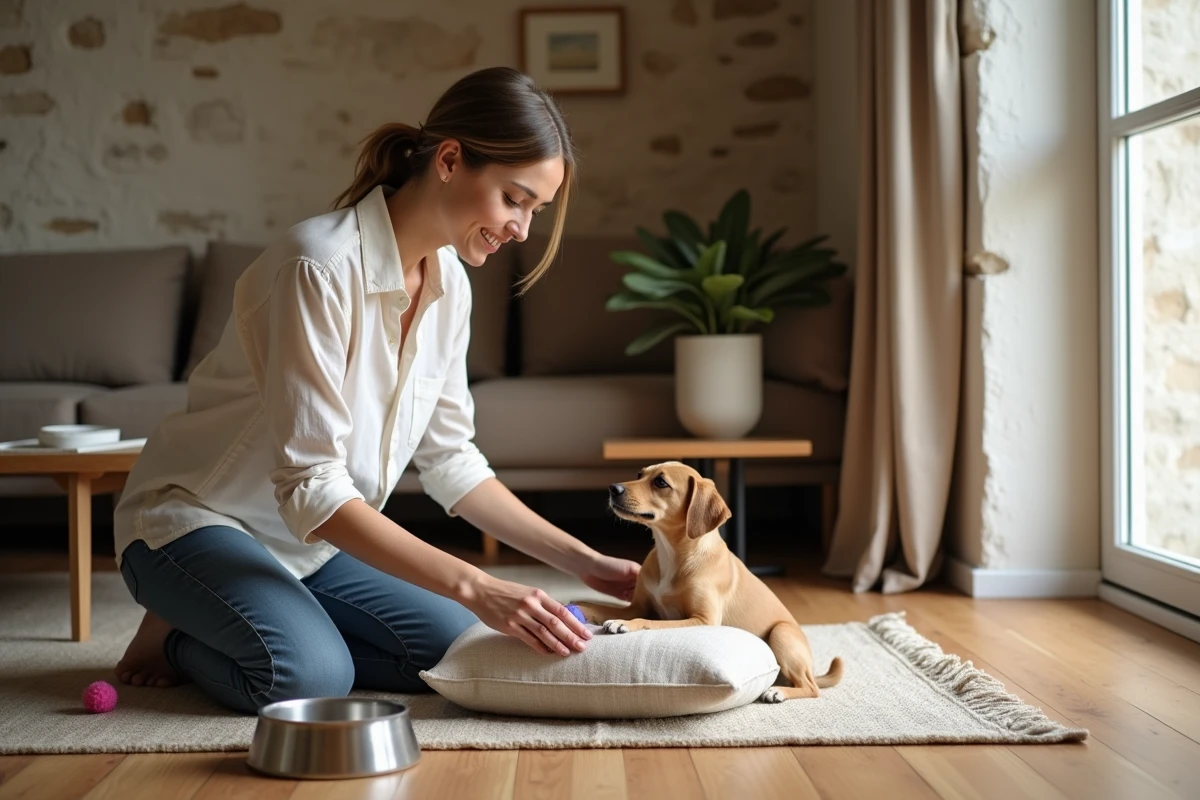 Femme préparant un coin confortable pour accueillir un petit chien adopté dans sa maison
