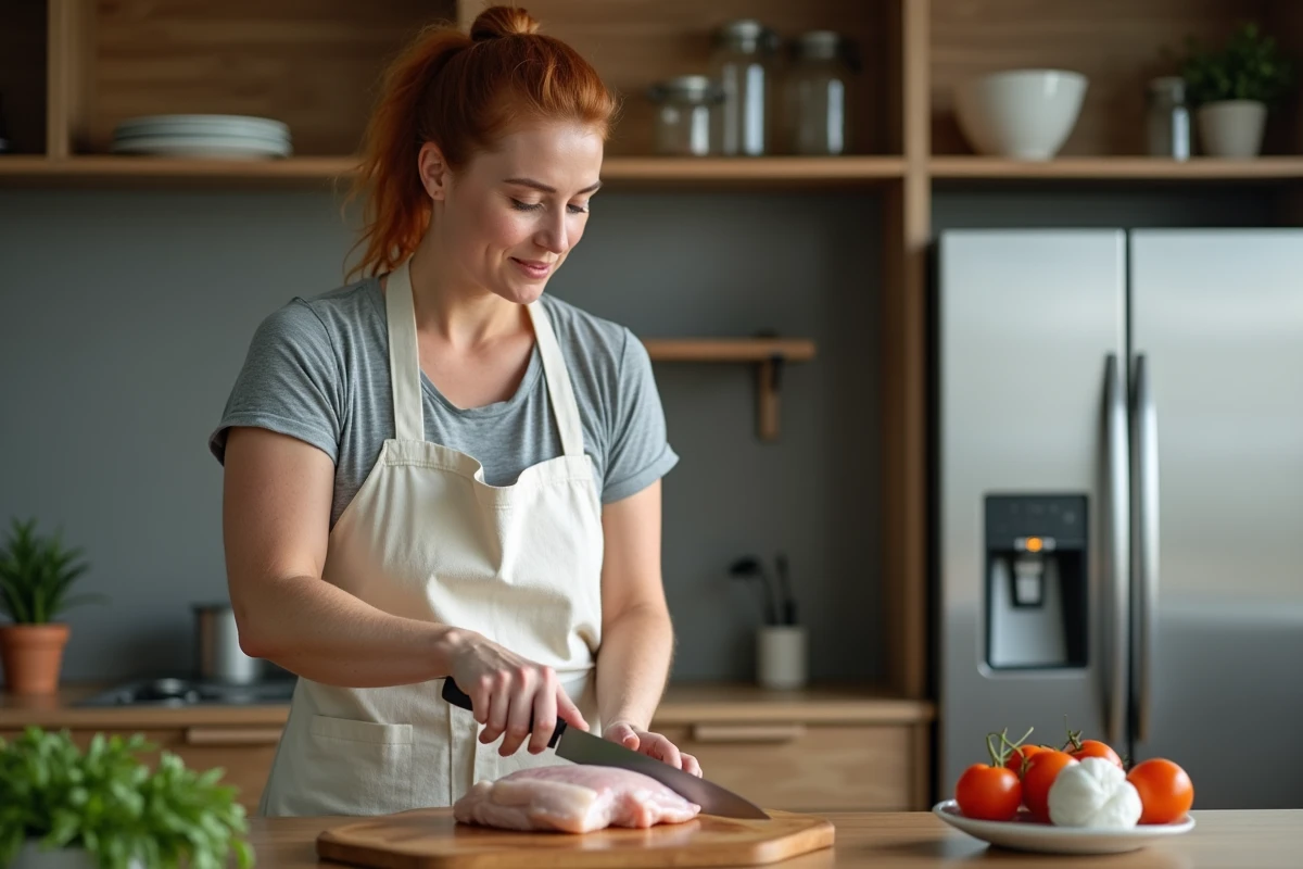 Femme préparant de la viande de poulet crue dans une cuisine pour un repas maison destiné à son chien