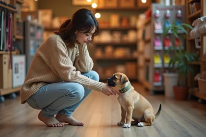 Jeune femme caressant un chiot de race croisée dans une animalerie, illustrant l'achat d'un chien pas cher