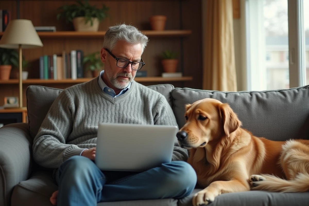 Propriétaire de chien consultant des documents d'assurance animale sur un ordinateur portable avec son golden retriever à ses côtés, représentant la couverture Trupanion pour maladies rénales