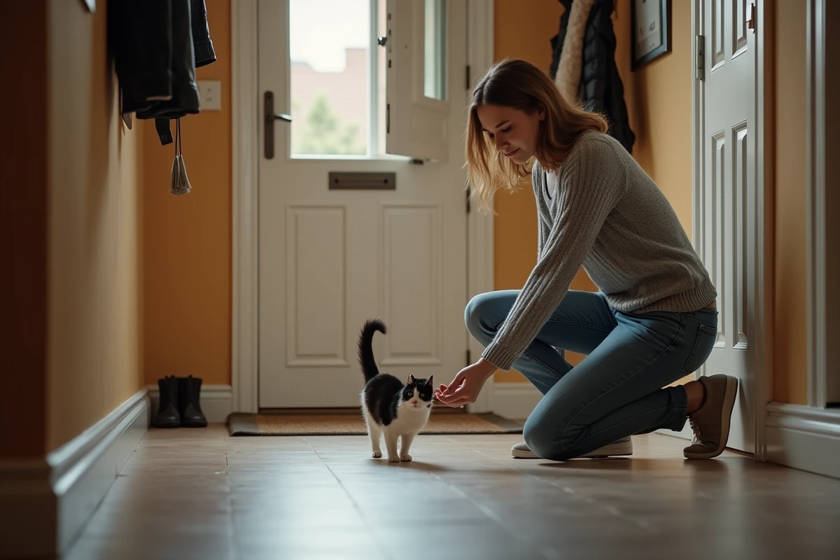Une femme accroupie dans un couloir guidant doucement son chat apeuré loin de la porte d'entrée
