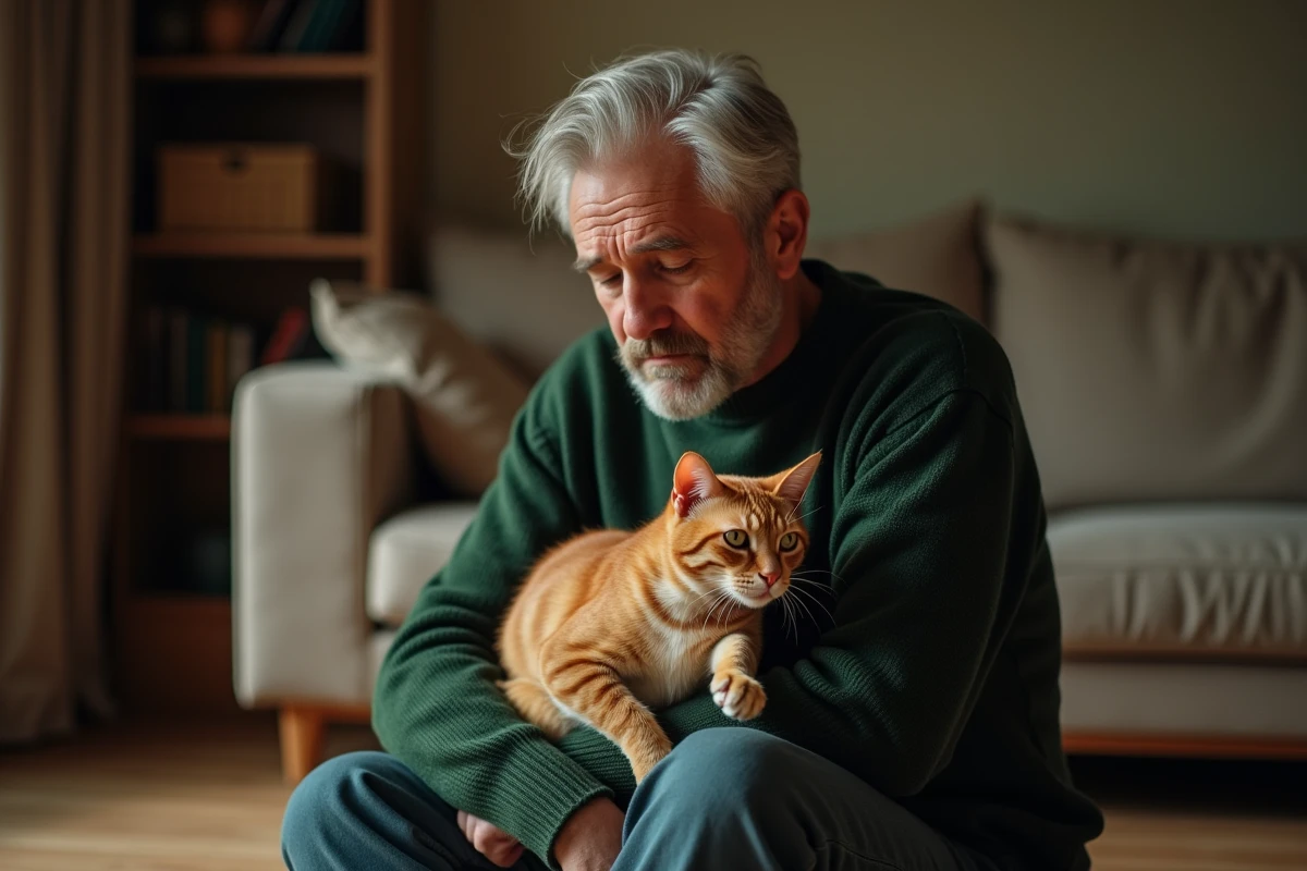 Homme d'âge mûr tenant affectueusement un vieux chat roux à la maison dans un moment émouvant
