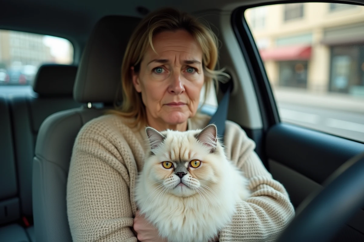Femme inquiète transportant son chat persan en urgence vers la clinique vétérinaire en voiture