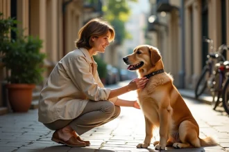 Femme caressant son chien golden retriever dans une rue résidentielle, illustrant le lien entre propriétaire et animal de compagnie