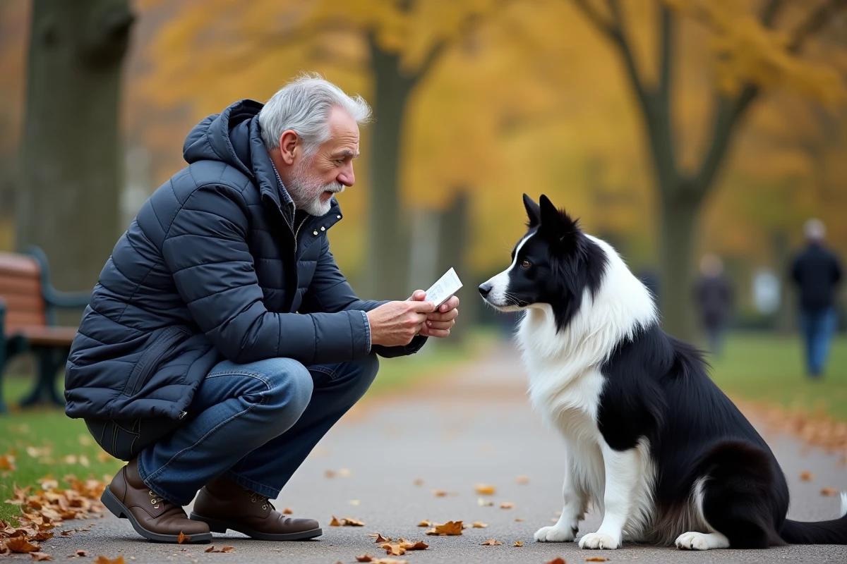 Propriétaire de chien consultant un document de mutuelle pour son border collie dans un parc en automne, illustrant la souscription à une assurance santé pour animaux