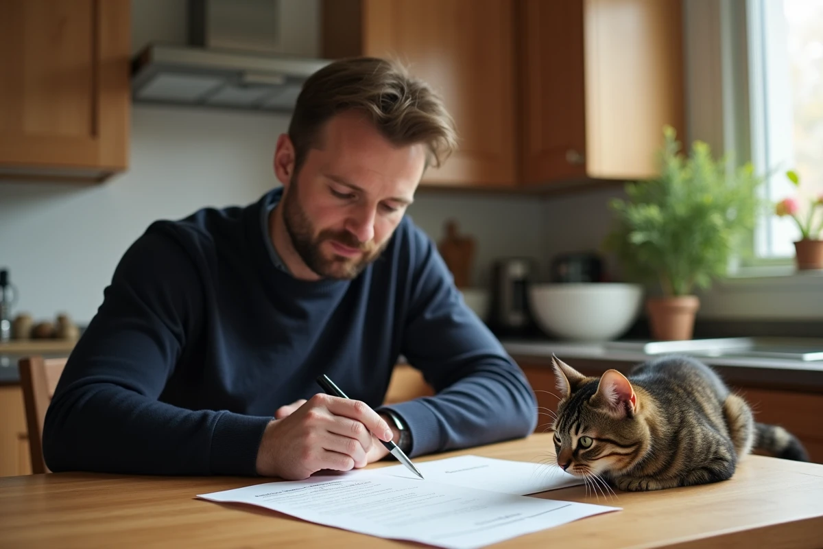 Homme examinant des documents vétérinaires avec son chat tabby sur une table en bois, soulevant la question de la propriété légale d'un animal
