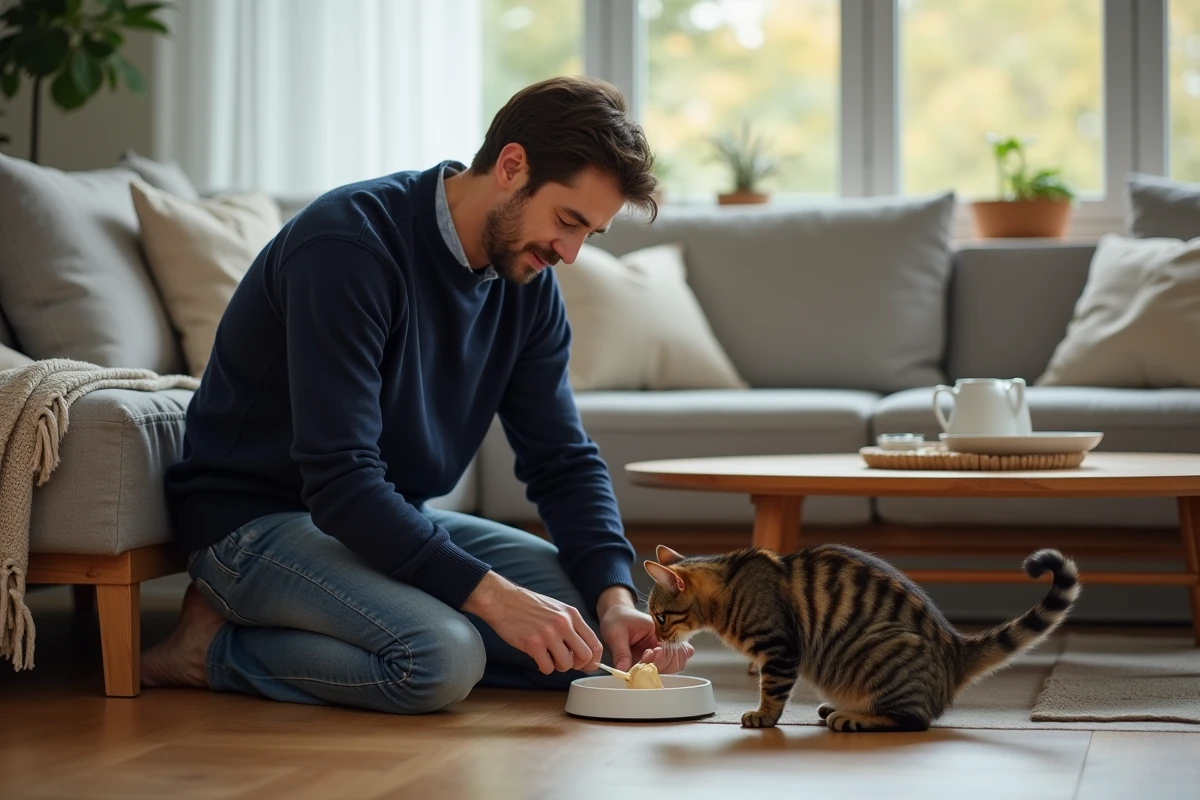 Propriétaire donnant un vermifuge en pâte à son chat dans un salon à la maison