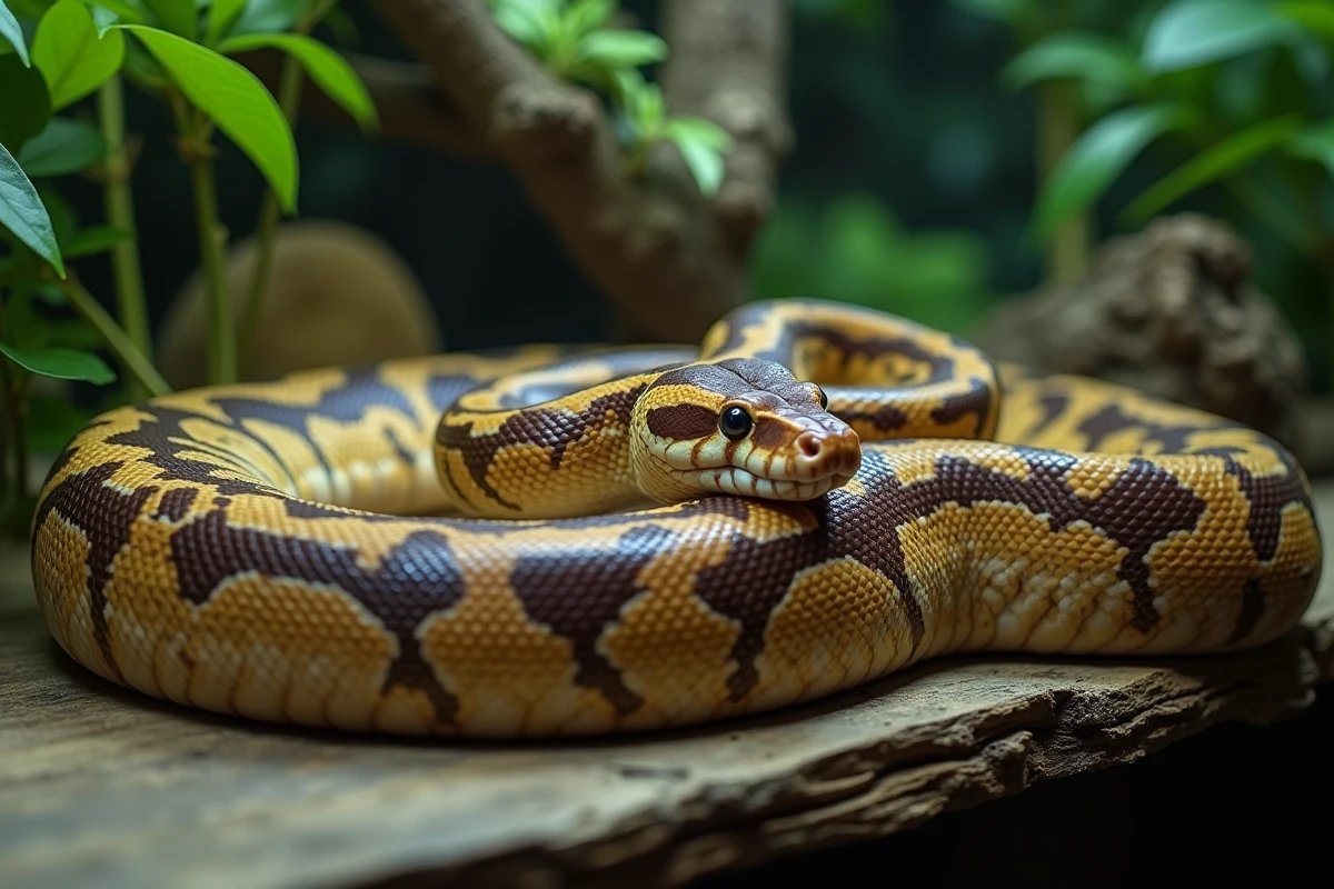 Python birman enroulé dans un terrarium, reptile pouvant jeûner plusieurs mois sans se nourrir