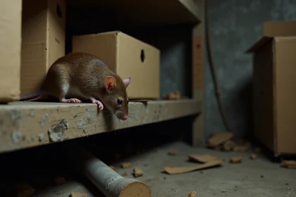 Rat brun sur une étagère en bois dans une cave de stockage sombre, illustrant la présence de rongeurs en milieu urbain