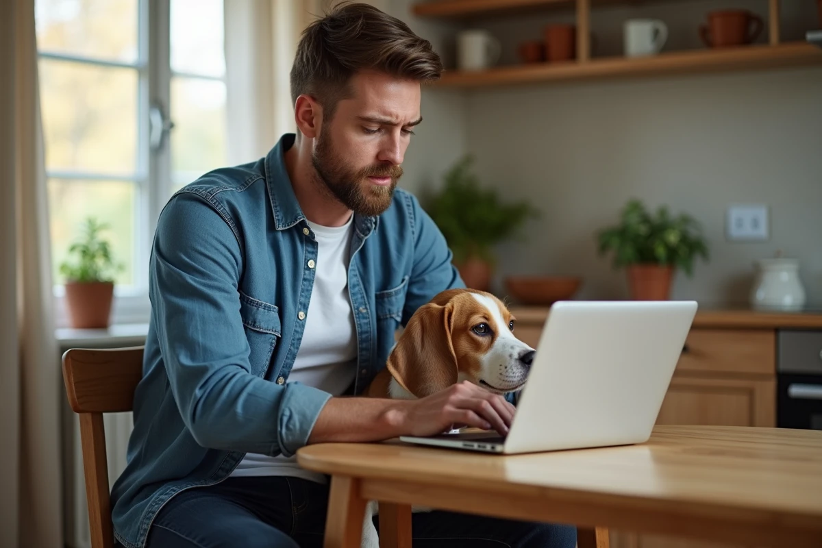 Propriétaire recherchant une assurance pour son chien malade sur internet à la maison