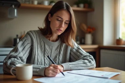 Femme consultant des factures vétérinaires et remplissant un formulaire de remboursement d'assurance animale à la maison