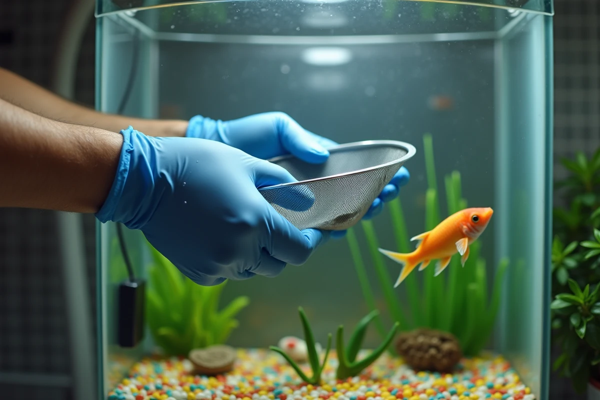 Mains gantées retirant un poisson mort d'un aquarium avec une épuisette, changement d'eau nécessaire