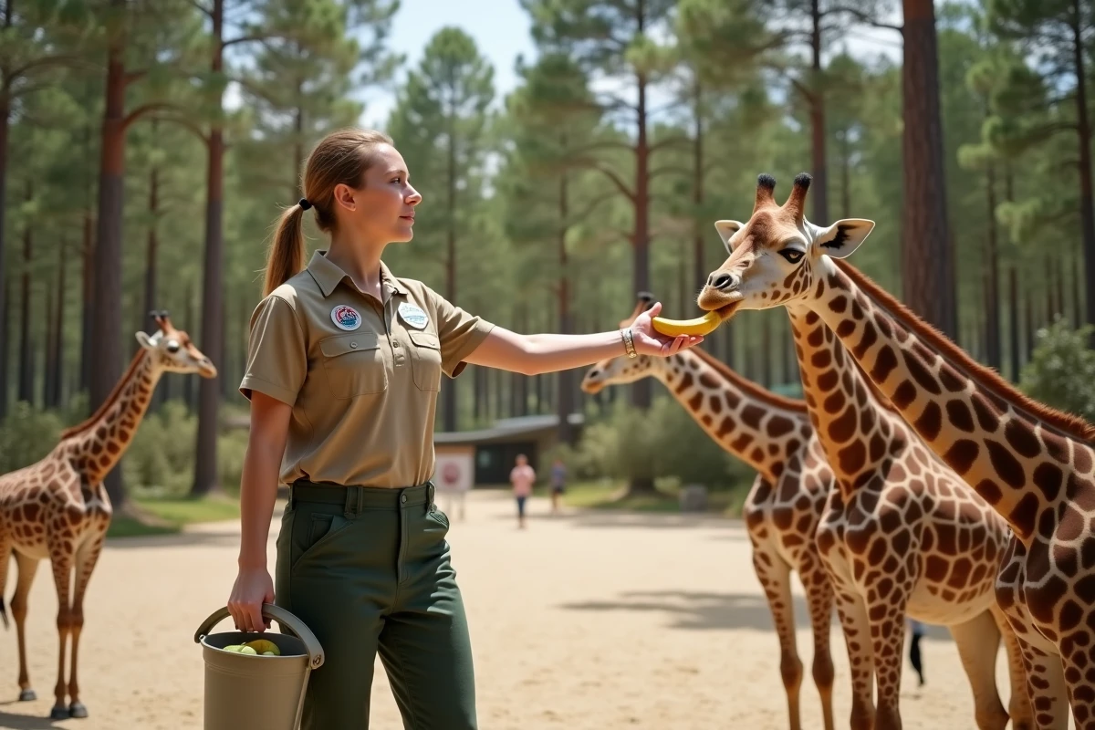 Soigneuse nourrissant des girafes au Zoo de La Palmyre, forêt de pins en arrière-plan, Charente-Maritime